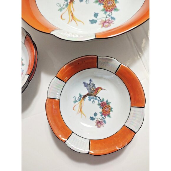 Antique Schwarzenhammer Bavaria Orange Luster Bird Of Paradise 6 Bowl Set - Picture 4 of 12